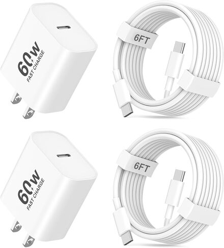 iPhone 17/17 Pro Max Fast Charger,2Pack 60W Super Fast Charging USB C Wall Charger Block Dynamic Power Adapter with 6FT USB C to C Cable Cord for iPhone 17/17 Pro/17 Pro Max/Air/16/16 Pro/15/Plus,iPad in Kuwait