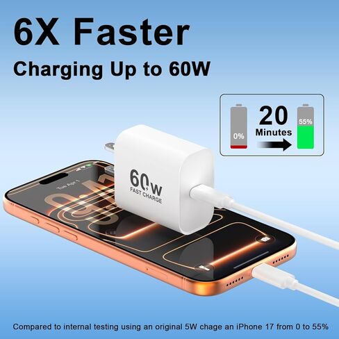 iPhone 17/17 Pro Max Fast Charger,2Pack 60W Super Fast Charging USB C Wall Charger Block Dynamic Power Adapter with 6FT USB C to C Cable Cord for iPhone 17/17 Pro/17 Pro Max/Air/16/16 Pro/15/Plus,iPad in Kuwait