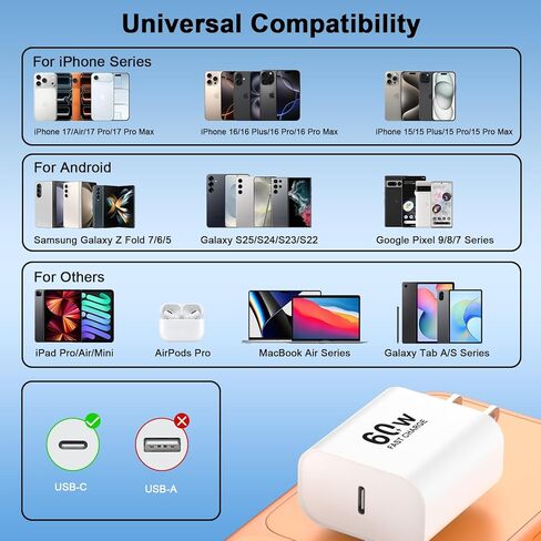 iPhone 17/17 Pro Max Fast Charger,2Pack 60W Super Fast Charging USB C Wall Charger Block Dynamic Power Adapter with 6FT USB C to C Cable Cord for iPhone 17/17 Pro/17 Pro Max/Air/16/16 Pro/15/Plus,iPad in Kuwait