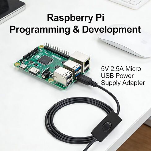 محول إمداد طاقة USB صغير 5 فولت 2.5 أمبير مع مفتاح تشغيل/إيقاف، متوافق مع Raspberry Pi 3 / Pi 3 B+ / Pi 2 / Pi Zero/Model A A+ B B+ (سلك بطول 6.6 أقدام) in Kuwait