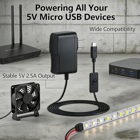 محول إمداد طاقة USB صغير 5 فولت 2.5 أمبير مع مفتاح تشغيل/إيقاف، متوافق مع Raspberry Pi 3 / Pi 3 B+ / Pi 2 / Pi Zero/Model A A+ B B+ (سلك بطول 6.6 أقدام) in Kuwait
