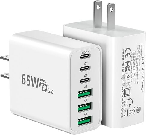 【عبوة من قطعتين】 كتلة شاحن USB C، شحن سريع 65 وات من النوع C 45 وات، محول طاقة قابس شاحن 6 منافذ، 3USBC+3USBA كتلة شحن حائطية متعددة المنافذ، متوافقة مع iPhone 17/16/15/14/13/iPad/Galaxy S25/S24/S23 in Kuwait