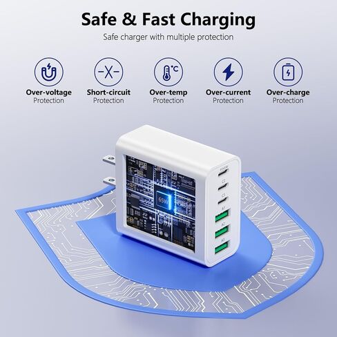 【عبوة من قطعتين】 كتلة شاحن USB C، شحن سريع 65 وات من النوع C 45 وات، محول طاقة قابس شاحن 6 منافذ، 3USBC+3USBA كتلة شحن حائطية متعددة المنافذ، متوافقة مع iPhone 17/16/15/14/13/iPad/Galaxy S25/S24/S23 in Kuwait