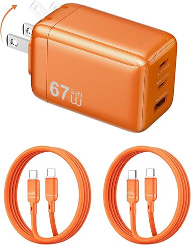 شاحن سريع 67 وات، 3 منافذ GaN مدمجة قابلة للطي PD شاحن سريع USB C قابس حائط مع كابلين بطول 5 أقدام لسلسلة iPhone 17/16/15 وiPad Air وMacBook Air وThinkPad وDell XPS (برتقالي) in Kuwait