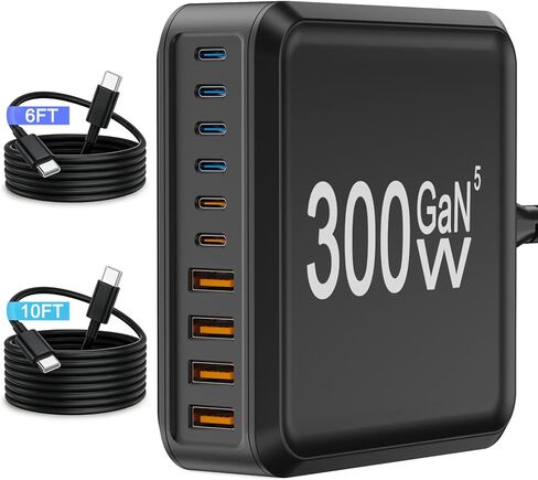 محطة شاحن USB، كتلة شاحن USB C بـ 10 منافذ مع كابلات بطول 6 أقدام/10 أقدام، محور شحن GaN من النوع C بقدرة 300 واط، شاحن iPhone شحن سريع لهاتف iPhone 17 16 15 Pro Max Plus، Galaxy S25 S24 S23، iPad Pro/Air، الكمبيوتر اللوحي in Kuwait