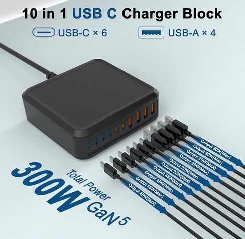 محطة شاحن USB، كتلة شاحن USB C بـ 10 منافذ مع كابلات بطول 6 أقدام/10 أقدام، محور شحن GaN من النوع C بقدرة 300 واط، شاحن iPhone شحن سريع لهاتف iPhone 17 16 15 Pro Max Plus، Galaxy S25 S24 S23، iPad Pro/Air، الكمبيوتر اللوحي in Kuwait