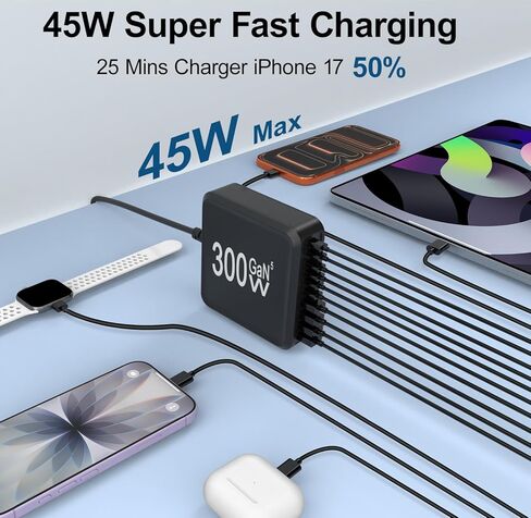 محطة شاحن USB، كتلة شاحن USB C بـ 10 منافذ مع كابلات بطول 6 أقدام/10 أقدام، محور شحن GaN من النوع C بقدرة 300 واط، شاحن iPhone شحن سريع لهاتف iPhone 17 16 15 Pro Max Plus، Galaxy S25 S24 S23، iPad Pro/Air، الكمبيوتر اللوحي in Kuwait