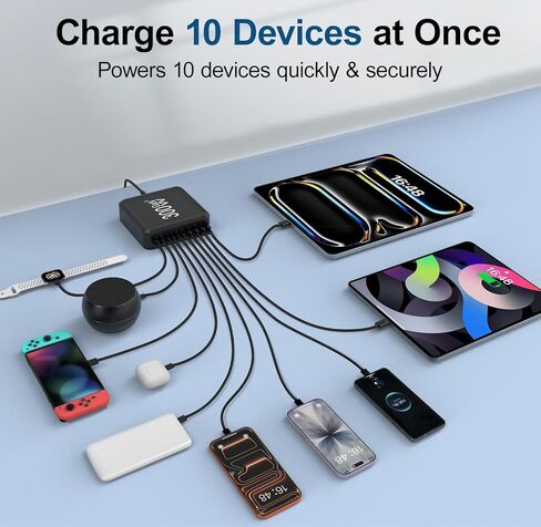محطة شاحن USB، كتلة شاحن USB C بـ 10 منافذ مع كابلات بطول 6 أقدام/10 أقدام، محور شحن GaN من النوع C بقدرة 300 واط، شاحن iPhone شحن سريع لهاتف iPhone 17 16 15 Pro Max Plus، Galaxy S25 S24 S23، iPad Pro/Air، الكمبيوتر اللوحي in Kuwait