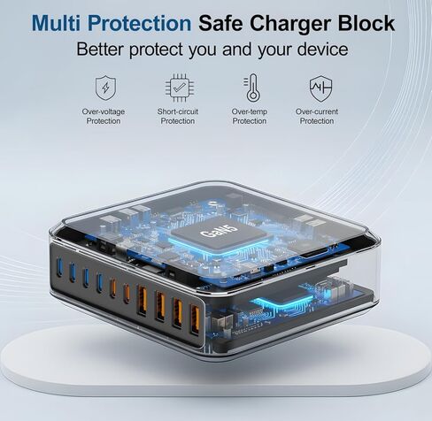 محطة شاحن USB، كتلة شاحن USB C بـ 10 منافذ مع كابلات بطول 6 أقدام/10 أقدام، محور شحن GaN من النوع C بقدرة 300 واط، شاحن iPhone شحن سريع لهاتف iPhone 17 16 15 Pro Max Plus، Galaxy S25 S24 S23، iPad Pro/Air، الكمبيوتر اللوحي in Kuwait