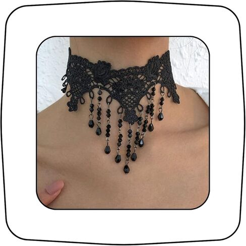 Asphire Gothic Lace Choker Necklace Black Crystal Tassel Collar Necklace Sexy Women's Costume Party Vintage Thick Choker in Saudi Arabia