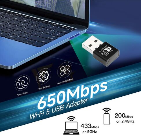 دونجل USB واي فاي لاسلكي 650 ميجابت في الثانية 802.11ac واي فاي 5 ثنائي النطاق 2.4/5 جيجا هرتز محول شبكة دونجل للكمبيوتر المحمول المكتبي يدعم Windows 10/8/7/XP، MAC OS، Linux إلخ in Kuwait