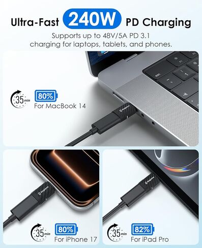2Pack 24Pin Magnetic USB C Adapter 240W with 4Pack USB C Tips 40Gbps Type C Adapter Extender 90 Degree, 4K Video in Kuwait