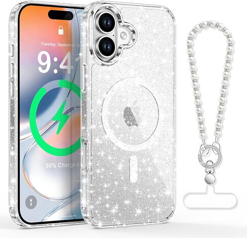 XYZ Magnetic for iPhone 17e Case/iPhone 16e Case, [Compatible with MagSafe] [Pearl Charms Wrist] [Cute Clear Bling Sparkly], Women Girl Slim Shockproof Phone Cover for 17e/16e, (Glitter Clear) in Kuwait