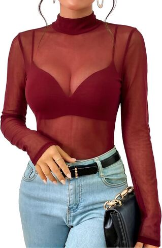 Avidlove Mesh Top Mesh Crop Top for Women Long Sleeve Mock Neck S-XXL in Kuwait