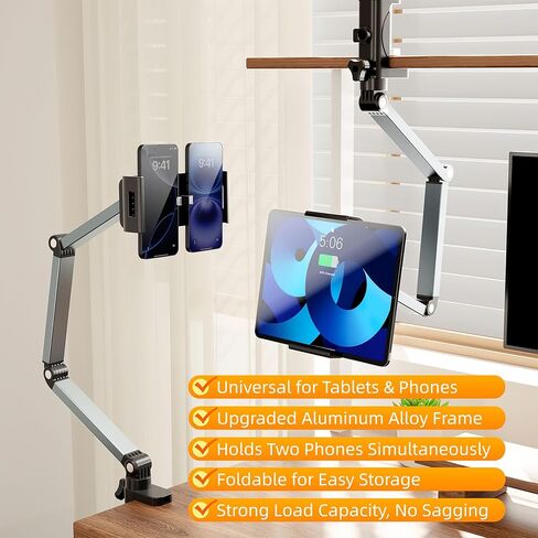 Aluminum Foldable Arm Tablet Stand, 360° Rotatable Phone Holder iPad Stand, Adjustable Tablet Mount for 4.7"-13" iPad, iPhone, Galaxy Tab, Compatible with Desk Bedside Kitchen, Gray in Kuwait