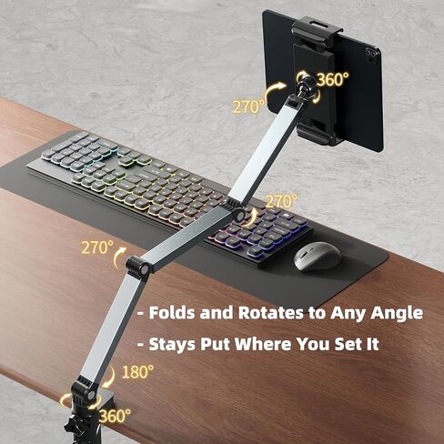 Aluminum Foldable Arm Tablet Stand, 360° Rotatable Phone Holder iPad Stand, Adjustable Tablet Mount for 4.7"-13" iPad, iPhone, Galaxy Tab, Compatible with Desk Bedside Kitchen, Gray in Kuwait