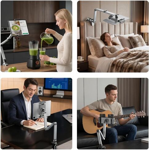 Aluminum Foldable Arm Tablet Stand, 360° Rotatable Phone Holder iPad Stand, Adjustable Tablet Mount for 4.7"-13" iPad, iPhone, Galaxy Tab, Compatible with Desk Bedside Kitchen, Gray in Kuwait