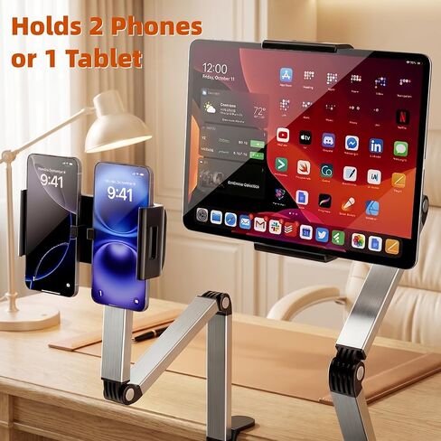 Aluminum Foldable Arm Tablet Stand, 360° Rotatable Phone Holder iPad Stand, Adjustable Tablet Mount for 4.7"-13" iPad, iPhone, Galaxy Tab, Compatible with Desk Bedside Kitchen, Gray in Kuwait