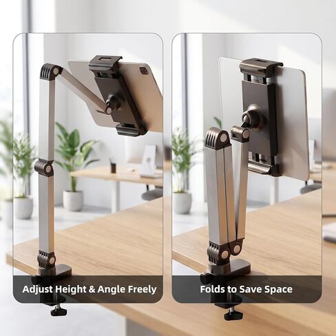 Aluminum Foldable Arm Tablet Stand, 360° Rotatable Phone Holder iPad Stand, Adjustable Tablet Mount for 4.7"-13" iPad, iPhone, Galaxy Tab, Compatible with Desk Bedside Kitchen, Gray in Kuwait