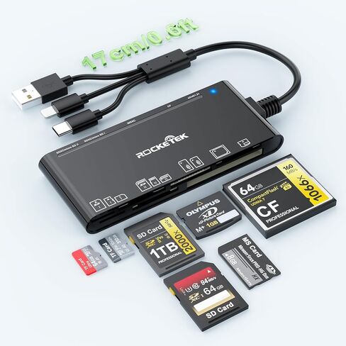 قارئ بطاقات ذاكرة متعدد 7 في 3 - USB C إضاءة USB3.0 قارئ بطاقات متعدد لـ SD TF CF XD MS، محول قارئ بطاقات SD للهاتف/الوسادة/MacBook/Samsung/PC التوصيل والتشغيل للقراءة/الكتابة بسرعة 5 جيجابت في الثانية in Kuwait