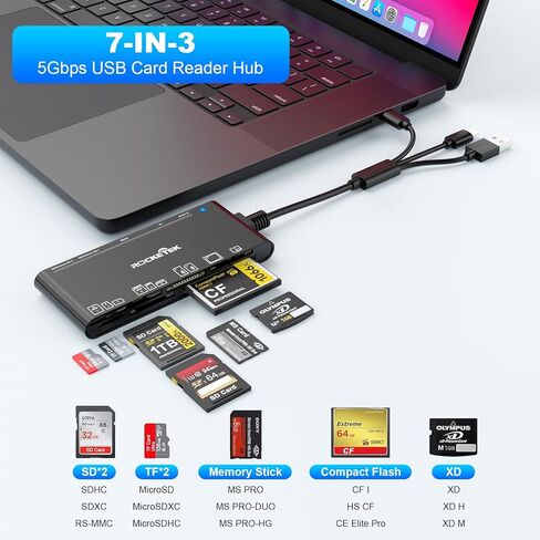 قارئ بطاقات ذاكرة متعدد 7 في 3 - USB C إضاءة USB3.0 قارئ بطاقات متعدد لـ SD TF CF XD MS، محول قارئ بطاقات SD للهاتف/الوسادة/MacBook/Samsung/PC التوصيل والتشغيل للقراءة/الكتابة بسرعة 5 جيجابت في الثانية in Kuwait