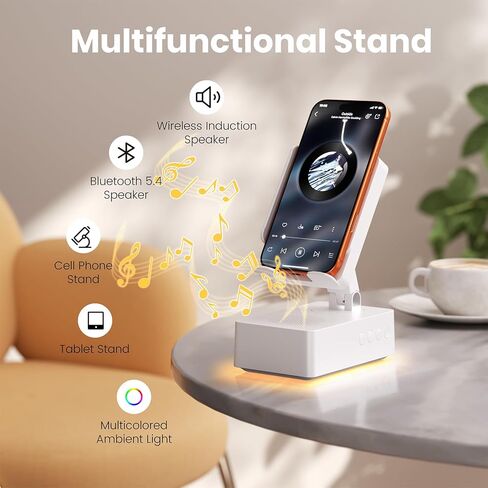 Cell Phone Stand with Instant Wireless Induction Bluetooth Speaker，No Bluetooth Pairing Needed, 1-Second Connection，HD Surround Sound，Colorful LED Ambient Light，Suitable for Home and Outdoor in Kuwait