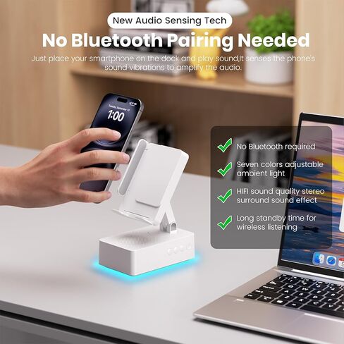 Cell Phone Stand with Instant Wireless Induction Bluetooth Speaker，No Bluetooth Pairing Needed, 1-Second Connection，HD Surround Sound，Colorful LED Ambient Light，Suitable for Home and Outdoor in Kuwait