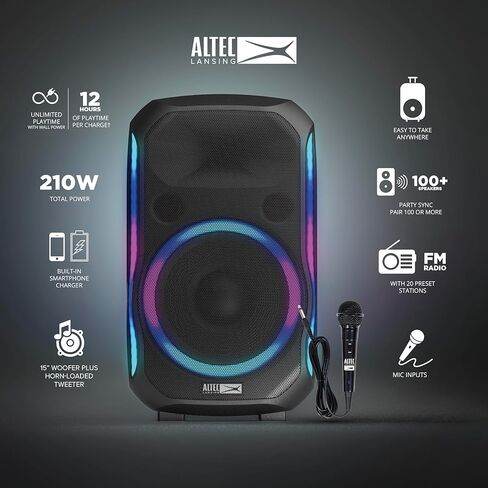 Altec Lansing - مكبر صوت بلوتوث Soundrover 210 مع أضواء، مكبر صوت لاسلكي للحفلات بقدرة 210 واط، مكبرات صوت بلوتوث خارجية مع أوضاع LED متعددة الألوان، بطارية 12 ساعة، مدخلات ميكروفون وجيتار in Kuwait