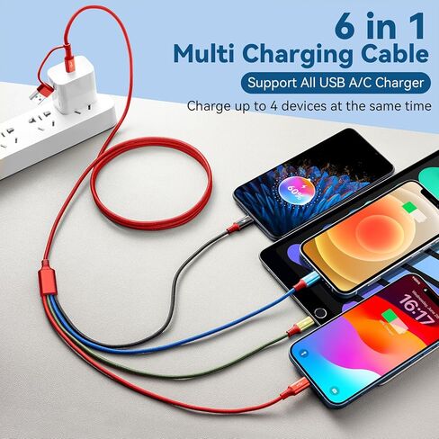 كابل شحن متعدد 6 في 1 من مينلو، 2 حزمة سلك شواحن متعددة بطول 6 أقدام لجميع الأجهزة مضفر USB A/C إلى Lightning/USB C/Micro USB منافذ شاحن عالمي لسلسلة iPhone/Samsung S25/الأجهزة اللوحية/PS in Kuwait