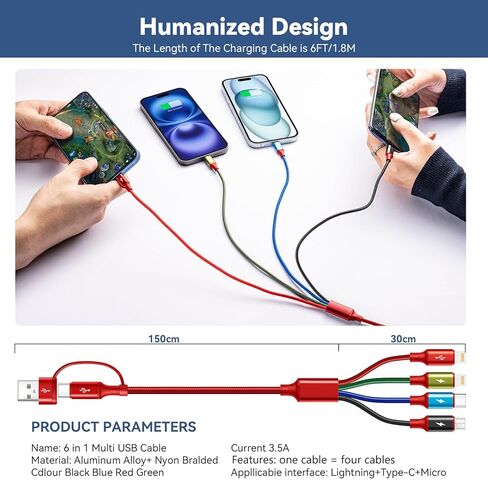 كابل شحن متعدد 6 في 1 من مينلو، 2 حزمة سلك شواحن متعددة بطول 6 أقدام لجميع الأجهزة مضفر USB A/C إلى Lightning/USB C/Micro USB منافذ شاحن عالمي لسلسلة iPhone/Samsung S25/الأجهزة اللوحية/PS in Kuwait