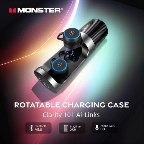 سماعات أذن لاسلكية Monster Clarity 101 AirLinks، سماعات أذن بلوتوث 5.0 مع علبة شحن، سماعات ستيريو بصوت جهير عميق، مقاومة للماء IPX5، ميكروفون مدمج، مكالمة واضحة، ملاءمة آمنة للرياضة in Kuwait