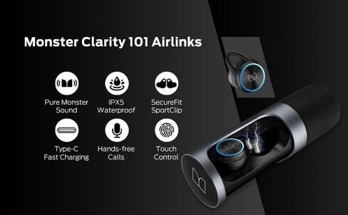 سماعات أذن لاسلكية Monster Clarity 101 AirLinks، سماعات أذن بلوتوث 5.0 مع علبة شحن، سماعات ستيريو بصوت جهير عميق، مقاومة للماء IPX5، ميكروفون مدمج، مكالمة واضحة، ملاءمة آمنة للرياضة in Kuwait