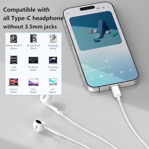 1 حزمة سماعات أذن USB C، سماعات أذن سلكية من النوع C، سماعات أذن من النوع C مع ميكروفون وتحكم في مستوى الصوت متوافقة مع iPhone 15/16e Plus Pro Max/S25 S24 S23 S22 S21 Ultra Edge/Pad Pro/Pixel 9 8 7 in Kuwait