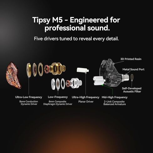 Tipsy M5 Ultra IEM، 5-Driver Hybrid (توصيل عظمي + DD + 2BA + Planar)، يتضمن مقابس 3.5/4.4/6.35 وDAC ثنائي الشريحة Hi‑Fi، وديناميكيات كبيرة، ودقة عالية، وتفاصيل فائقة in Kuwait
