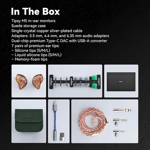 Tipsy M5 Ultra IEM، 5-Driver Hybrid (توصيل عظمي + DD + 2BA + Planar)، يتضمن مقابس 3.5/4.4/6.35 وDAC ثنائي الشريحة Hi‑Fi، وديناميكيات كبيرة، ودقة عالية، وتفاصيل فائقة in Kuwait