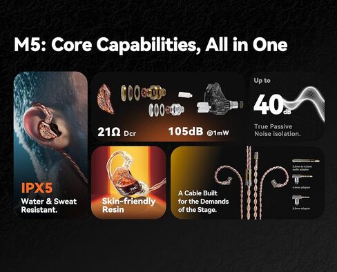Tipsy M5 Ultra IEM، 5-Driver Hybrid (توصيل عظمي + DD + 2BA + Planar)، يتضمن مقابس 3.5/4.4/6.35 وDAC ثنائي الشريحة Hi‑Fi، وديناميكيات كبيرة، ودقة عالية، وتفاصيل فائقة in Kuwait