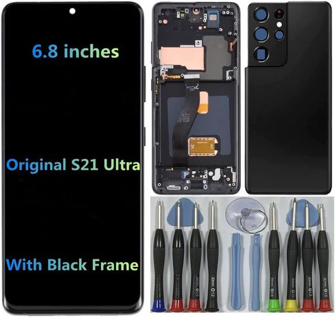 6.8" AMOLED Original for Samsung Galaxy S21 Ultra Display Touch Screen Digitizer Assembly S21ultra 5G G998U G998U1 G998W G998B G998B/DS LCD Screen Replacement (with Black Frame + Back Cover+Tools) in Saudi Arabia