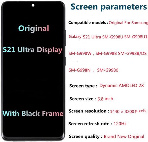 6.8" AMOLED Original for Samsung Galaxy S21 Ultra Display Touch Screen Digitizer Assembly S21ultra 5G G998U G998U1 G998W G998B G998B/DS LCD Screen Replacement (with Black Frame + Back Cover+Tools) in Saudi Arabia