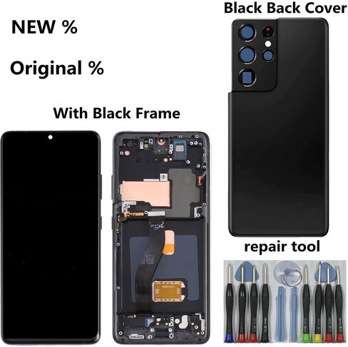 شاشة AMOLED أصلية 6.8 بوصة لهاتف Samsung Galaxy S21 Ultra مجموعة محول رقمي لشاشة تعمل باللمس S21ultra 5G G998U G998U1 G998W G998B G998B/DS استبدال شاشة LCD (مع إطار أسود + غطاء خلفي + أدوات) in Kuwait
