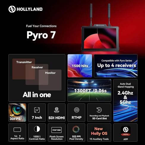مجموعة جهاز إرسال واستقبال الفيديو اللاسلكي Hollyland Pyro 7 مقاس 7 بوصات HDMI SDI Field Monitor نطاق 1300 قدم 60 مللي ثانية مجموعة نقل فيديو ثنائي النطاق (عبوتان) مع + كابل HDMI + بطارية وشاحن + المزيد in Kuwait