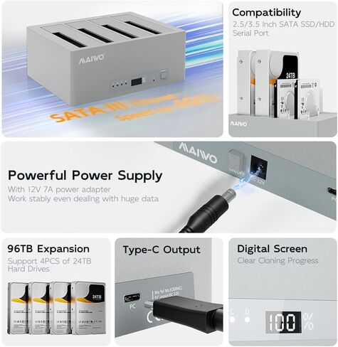 MAIWO 4 Bay Hard Drive Cloner، محطة إرساء SATA SSD/HDD مقاس 2.5/3.5 بوصة مع استنساخ دون اتصال بالإنترنت، ومحول USB 3.0 إلى SATA بسرعة 5 جيجابت في الثانية مع UASP، ومجموعة شرائح SATA III، بسعة تصل إلى 96 تيرابايت in Kuwait