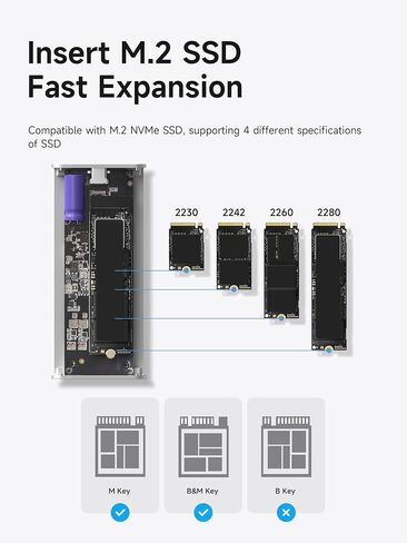 حاوية SSD من Hagibis، حافظة من الألومنيوم بسرعة 10 جيجابت في الثانية M.2 NVMe SSD، شاشة حبر بمكثف فائق USB 3.2 Gen 2 إلى PCI-E NVMe M وB&M حاوية SSD خارجية لـ 2230/2242/2260/2280 SSDs 9210CN in Kuwait