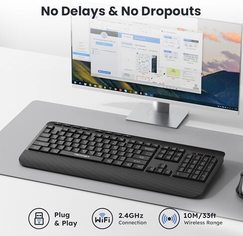 TECKNET Ergonomic Wireless Keyboard for Laptop, 2.4G USB Silent Computer Keyboard with Comfortable Palm Rest & Adjustable Feet Stand for Desktop, PC, Notebook, Surface and Windows, Full Size Layout in Kuwait