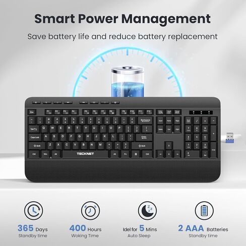 TECKNET Ergonomic Wireless Keyboard for Laptop, 2.4G USB Silent Computer Keyboard with Comfortable Palm Rest & Adjustable Feet Stand for Desktop, PC, Notebook, Surface and Windows, Full Size Layout in Kuwait