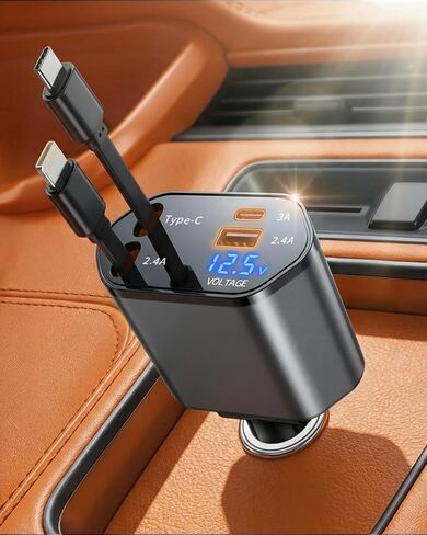 2026 MimAuto 4 in 1 Retractable Car Charger, Car Charger USB C Fast Charger, Car Phone Charger for iPhone 17/16/15/14/13, Samsungs, Tablets, Dash cams. Black Car Accessories for Men Women in Kuwait