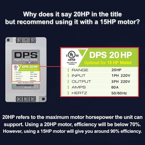 محول DPS أمريكي أحادي الطور إلى 3 مراحل، 20 حصان، 60 أمبير، الإدخال/الإخراج 200 فولت - 240 فولت، محول الطور الرقمي، يجب استخدامه لمحرك 15 حصان (11 كيلو واط) 45 أمبير، يجب استخدام DPS لمحرك واحد فقط، مدرج في قائمة UL in Kuwait