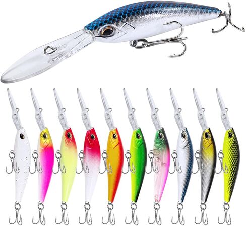 10Pcs Minnow Bass Fishing Lures Jerkbait Floating Hard Baits Crankbaits for Trout Catfish Musky Bluegill Fishing Plug 3.7in/0.24oz in Kuwait