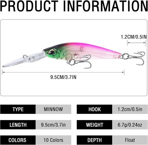 10Pcs Minnow Bass Fishing Lures Jerkbait Floating Hard Baits Crankbaits for Trout Catfish Musky Bluegill Fishing Plug 3.7in/0.24oz in Kuwait