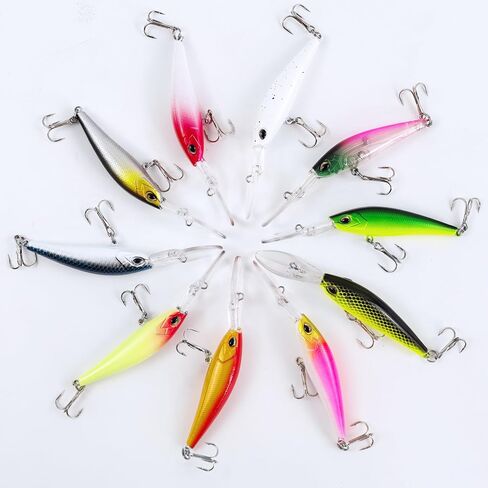 10Pcs Minnow Bass Fishing Lures Jerkbait Floating Hard Baits Crankbaits for Trout Catfish Musky Bluegill Fishing Plug 3.7in/0.24oz in Kuwait
