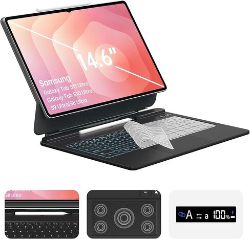 Keyboard Case for Galaxy Tab S11/S10/S9/S8 Ultra 14.6-inch with S Pen Holder, Magic-Style Floating Cantilever with Battery Display, AI Key Ready, Dex Mode, 3-Level 7-Color Backlit, Black in Kuwait